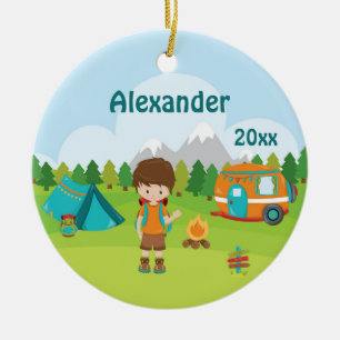 Camping Boy Fire Camper Zelt Rucksack Brown Keramik Ornament