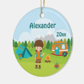 Camping Boy Fire Camper Zelt Rucksack Brown Keramik Ornament (Links)