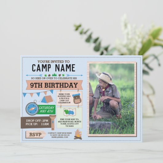 CAMPING Camp Out Foto BIRTHDAY PARTNER Jungs laden Einladung (Stehend Vorderseite)