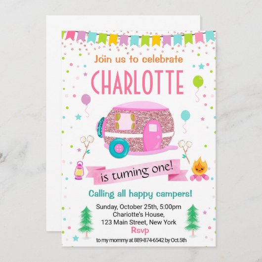 Camping Camper Außenbereich Einladung zum Geburtst (Vorne/Hinten)