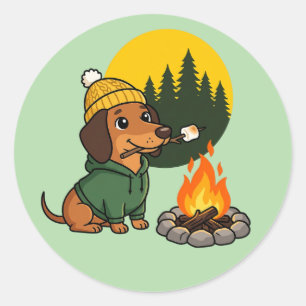 Camping-Dachshund röstet Marshmallow Runder Aufkleber