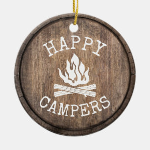 Camping Familie Glückliche Camper Rustikales Holz Keramik Ornament