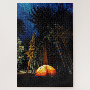 Camping Forest Tent Tall Pines Stars Night Sky Puzzle