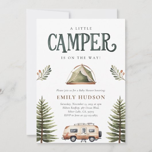 Camping Forest Watercolor Kinderdusche Einladung (Vorderseite)