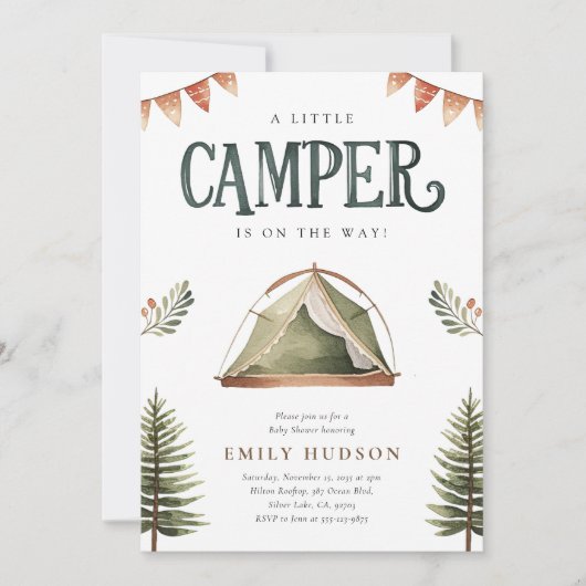 Camping Forest Watercolor Kinderdusche Einladung (Vorderseite)