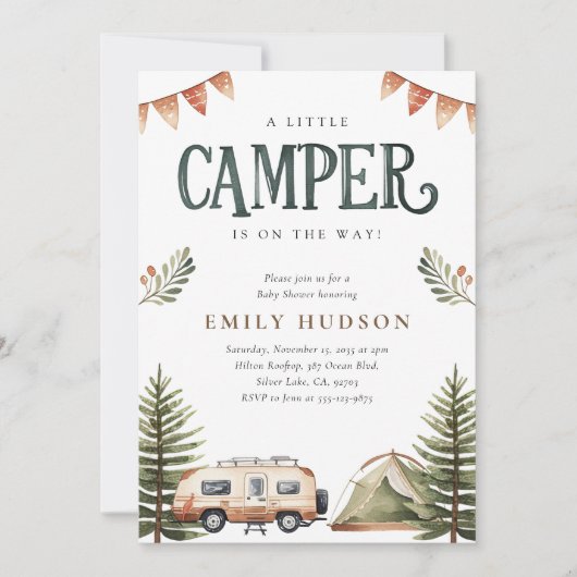 Camping Forest Watercolor Kinderdusche Einladung (Vorderseite)