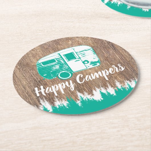 Camping Fun Happy Campers Rustikaler Wald Runder Pappuntersetzer (Angewinkelt)