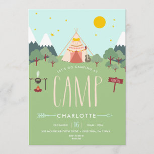 Camping Geburtstagsparty Einladung Pink Green