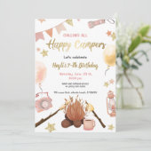 Camping Girl Birthday Bonfire Einladung (Stehend Vorderseite)