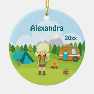 Camping Girl Fire Camper Zelt Rucksack Blonde Keramik Ornament