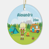 Camping Girl Fire Camper Zelt Rucksack Blonde Keramik Ornament (Links)