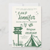 Camping Handgeschriebener Camp Grüner Junggeselinn Einladung (Vorderseite)