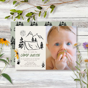 Camping Handgezeichnet Zelt Foto Junge 1. Geburtst Einladung