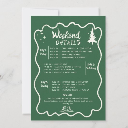 Camping Handgezeichneter grüner Bach-Junggeselinne Einladung (Rückseite)