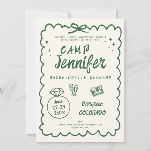 Camping Handgezeichneter grüner Bow Junggeselinnen Einladung (Vorderseite)