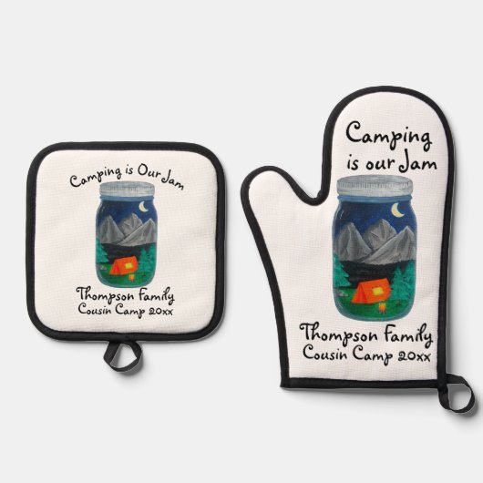 Camping is Our Jam Tent and Mountains in Jar Ofenhandschuh & Topflappen-Set (Vorderseite)