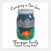 Camping ist Unser Marmorzelt und die Berge im Jar Quadratischer Aufkleber (Vorderseite)