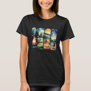 Camping Leben Zelt Feuer Anhänger Stuhl Nacht Himm T-Shirt