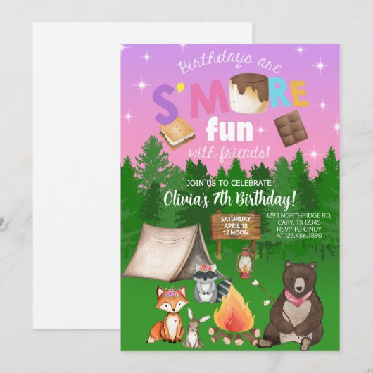 Camping mehr Spaß Mädchen Geburtstag einladen. Einladung (Vorne/Hinten)