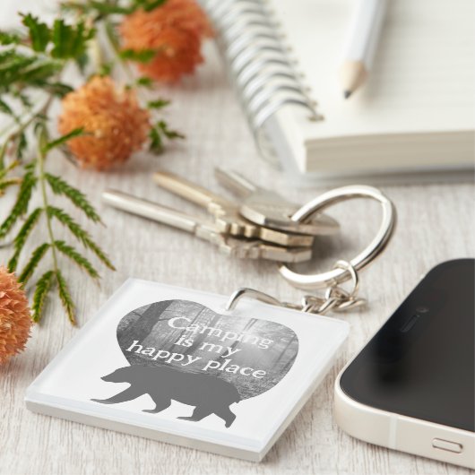 Camping mein glücklicher Platz schwarz in weiß, an Schlüsselanhänger (Vorderseite rechts)