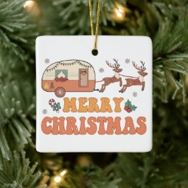 Camping Merry Christmas Reindeer Typography Keramikornament