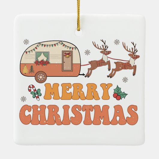 Camping Merry Christmas Reindeer Typography Keramikornament (Rückseite)