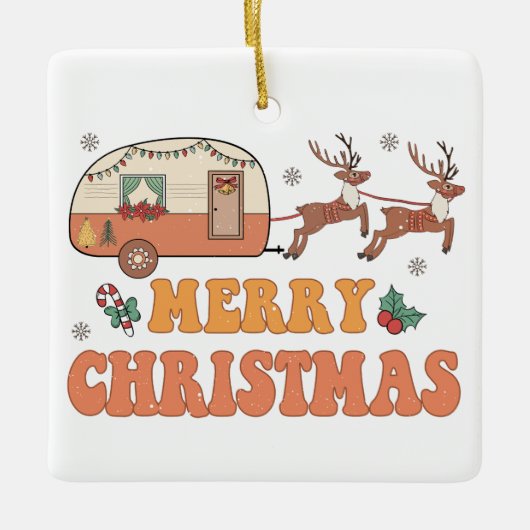 Camping Merry Christmas Reindeer Typography Keramikornament (Vorderseite)