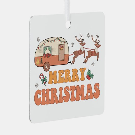 Camping Merry Christmas Reindeer Typography Ornament Aus Metall (Vorderseite Rechts)