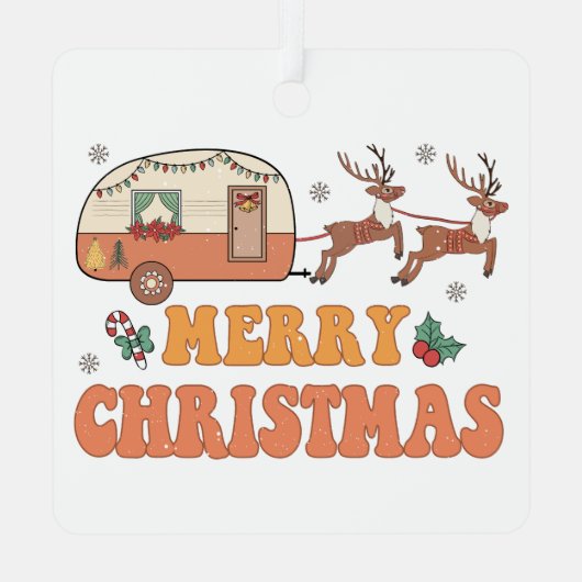 Camping Merry Christmas Reindeer Typography Ornament Aus Metall (Rückseite)