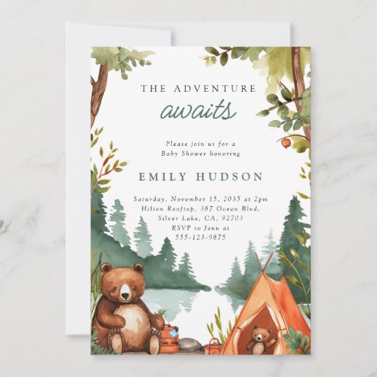 Camping Mountain Rustic Babydusche Einladung (Vorderseite)