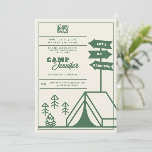 Camping Mountains Forest Green Junggeselinnen-Absc Einladung (Stehend Vorderseite)