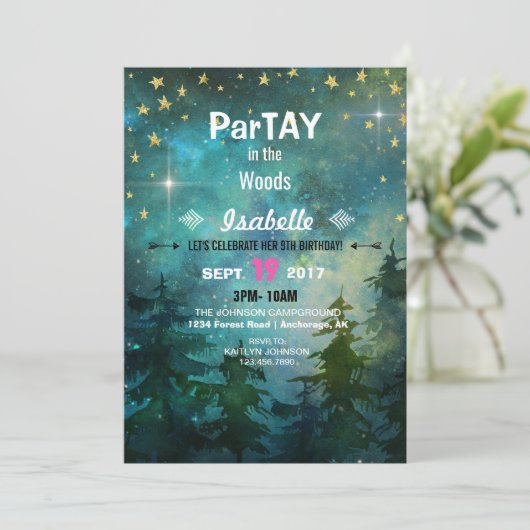 Camping Night Time Wald Wildnis Einladung (Stehend Vorderseite)