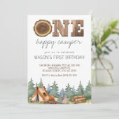 Camping One Happy Camper Boy 1. Geburtstag Einladung (Stehend Vorderseite)