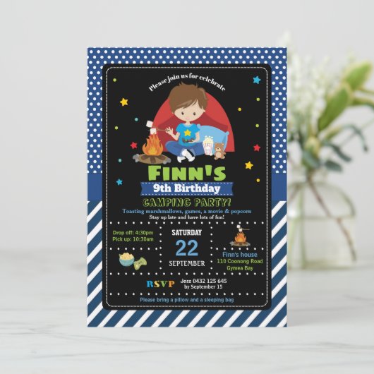 Camping Party Birthday Invitations Boys Slumber Einladung (Stehend Vorderseite)