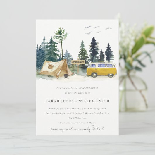 Camping Pine Forest Yellow Van Couples Dusche Einladung (Stehend Vorderseite)