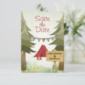 Camping Red Tent Woodland Wedding Save The Date (Stehend Vorderseite)