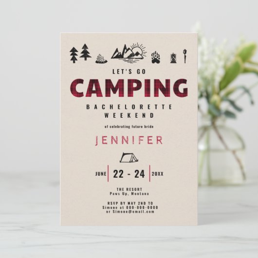 Camping Rot Kariert Außenbereich Junggeselinnen-Ab Einladung (Stehend Vorderseite)