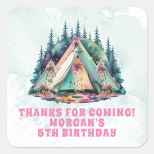 Camping Sleepover Geburtstagsparty Gefallen Quadratischer Aufkleber