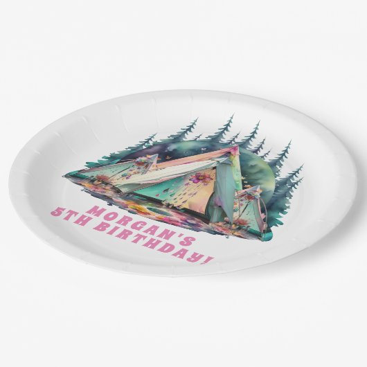 Camping Sleepover Geburtstagsparty Pappteller (Schrägansicht)