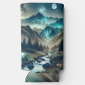 Camping Szene mit Bergen und Zelt Selters Dosenkühler (Rückseite)