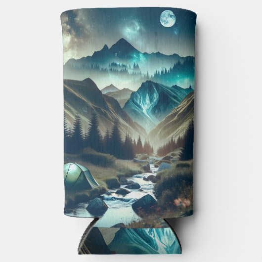 Camping Szene mit Bergen und Zelt Selters Dosenkühler (Vorderseite)