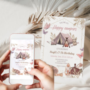 Camping Tent Bonfire Girl Geburtstagseinladung Einladung