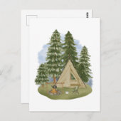 Camping Thema Feuer, Zelt, Wald, Bäume Postkarte (Vorne/Hinten)