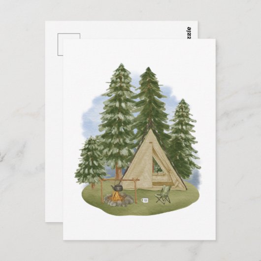 Camping Thema Feuer, Zelt, Wald, Bäume Postkarte (Vorne/Hinten)
