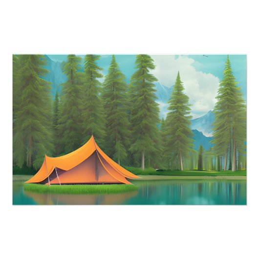 Camping Themed Art | Zelt am See im Wald Fotodruck (Vorne)