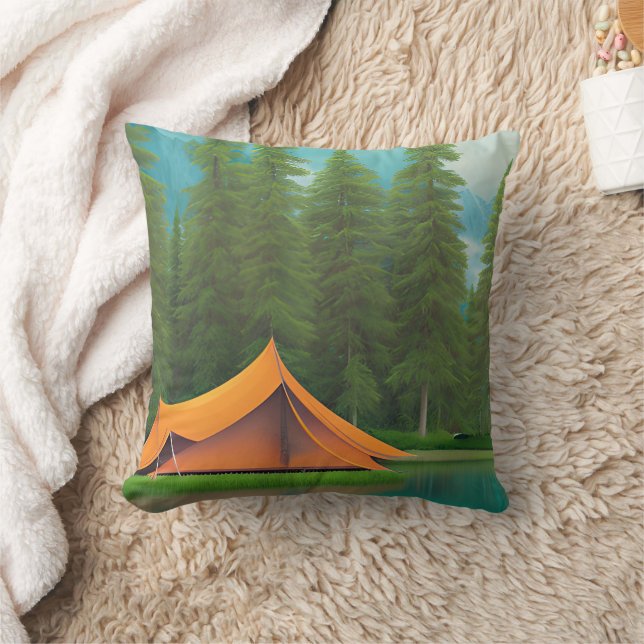 Camping Themed Art | Zelt im Wald am See Kissen (Decke)
