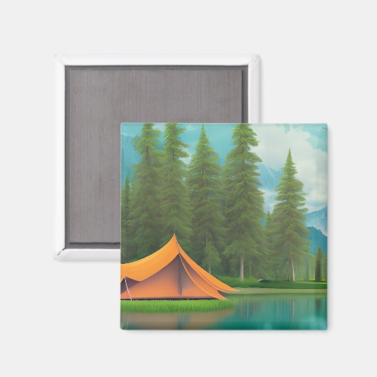 Camping Themed Art | Zelt im Wald am See Magnet (Vorderseite/Rückseite)