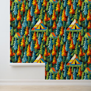 Camping Themed Tents and Pine Trees Tapete