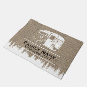 Camping Trailer Campers Familienname Burlap Fußmatte (Schrägansicht)