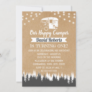 Camping Trailer Happy Camper Rustic Kraft Geburtst Einladung